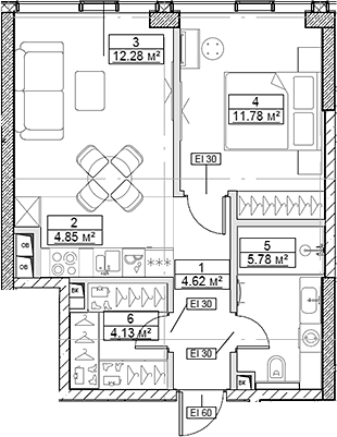 Планировка — Сити Бэй, 2-комн., 43 м²