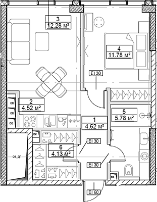 Планировка — Сити Бэй, 2-комн., 43 м²