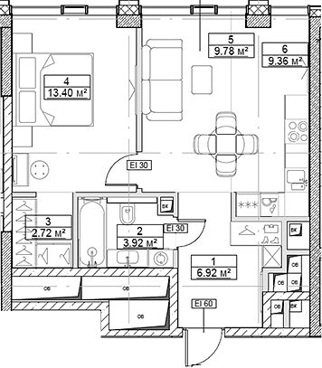 Планировка — Сити Бэй, 2-комн., 46 м²