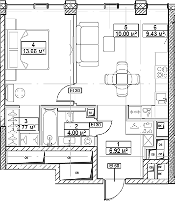 Планировка — Сити Бэй, 2-комн., 47 м²