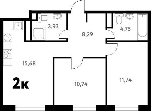 Планировка — Южное Пушкино, 2-комн., 55 м²