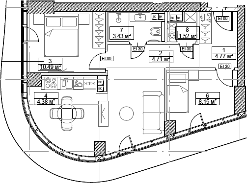 Планировка — Сити Бэй, 3-комн., 54 м²