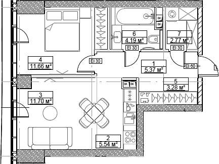 Планировка — Сити Бэй, 2-комн., 45 м²