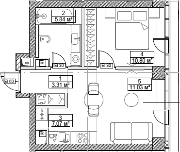 Планировка — Сити Бэй, 2-комн., 38 м²