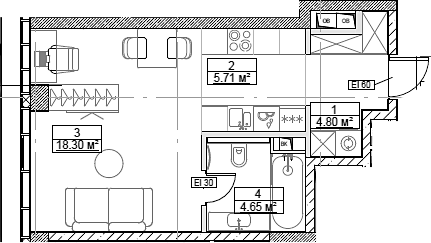 Планировка — Сити Бэй, Студия, 33 м²
