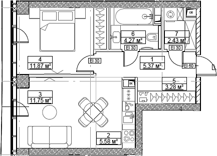 Планировка — Сити Бэй, 2-комн., 45 м²