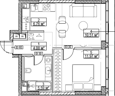 Планировка — Сити Бэй, 2-комн., 39 м²