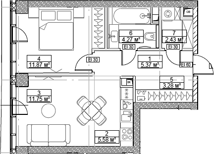 Планировка — Сити Бэй, 2-комн., 45 м²