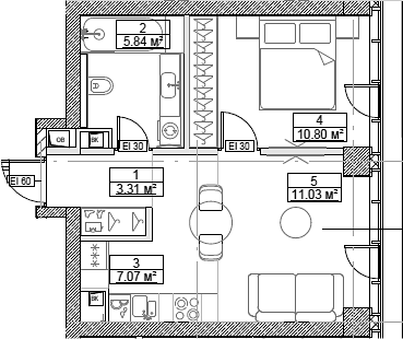 Планировка — Сити Бэй, 2-комн., 38 м²