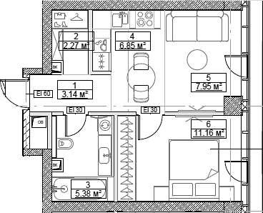 Планировка — Сити Бэй, 2-комн., 37 м²