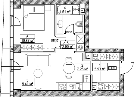 Планировка — Сити Бэй, 2-комн., 41 м²