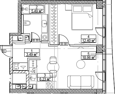 Планировка — Сити Бэй, 2-комн., 39 м²