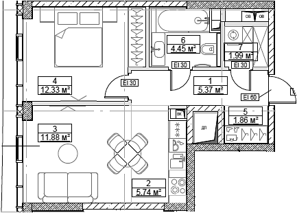 Планировка — Сити Бэй, 2-комн., 44 м²