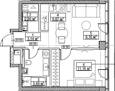 Планировка — Сити Бэй, 2-комн., 37 м²