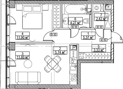 Планировка — Сити Бэй, 2-комн., 45 м²