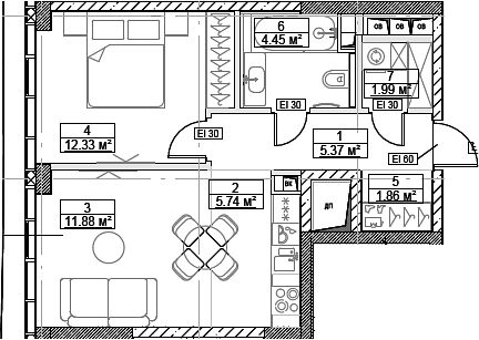 Планировка — Сити Бэй, 2-комн., 44 м²
