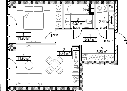 Планировка — Сити Бэй, 2-комн., 45 м²