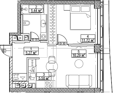 Планировка — Сити Бэй, 2-комн., 38 м²