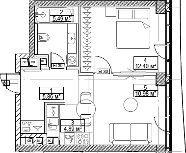 Планировка — Сити Бэй, 2-комн., 40 м²