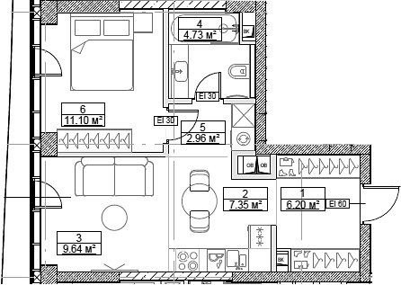 Планировка — Сити Бэй, 2-комн., 42 м²