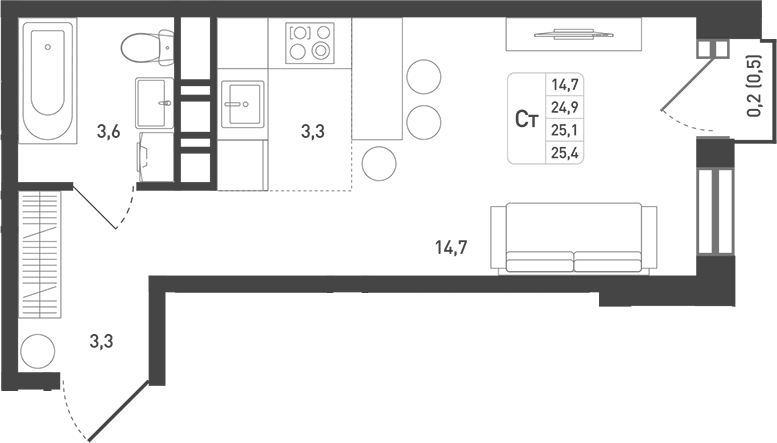 Планировка — Новая Щербинка, Студия, 26 м²