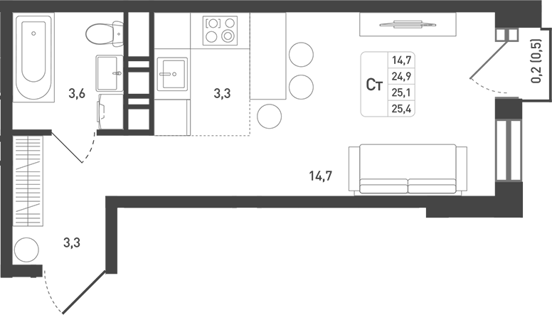 Планировка — Новая Щербинка, Студия, 26 м²