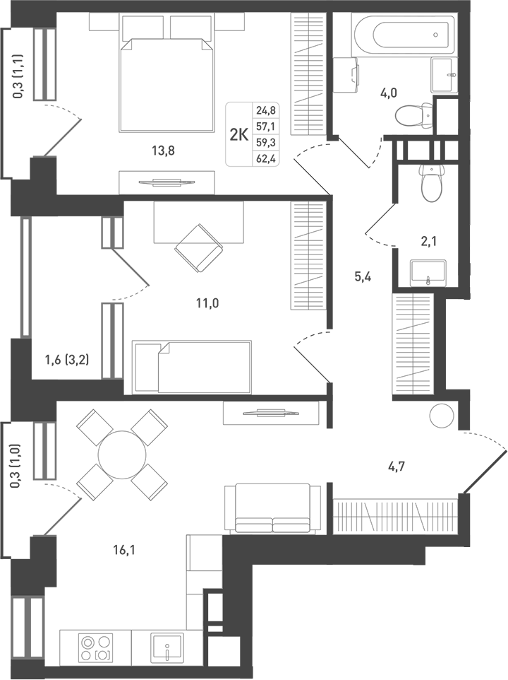 Планировка — Новая Щербинка, 2-комн., 60 м²