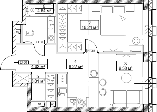 Планировка — Сити Бэй, 2-комн., 46 м²