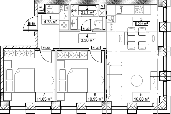 Планировка — Сити Бэй, 3-комн., 58 м²