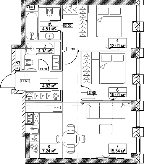 Планировка — Сити Бэй, 3-комн., 62 м²