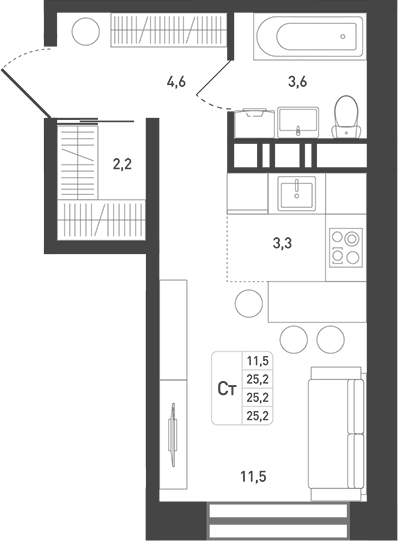 Планировка — Новая Щербинка, Студия, 26 м²
