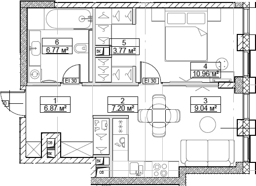 Планировка — Сити Бэй, 2-комн., 45 м²