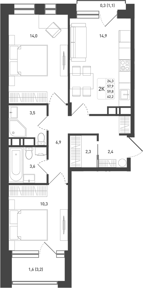 Планировка — Новая Щербинка, 2-комн., 61 м²