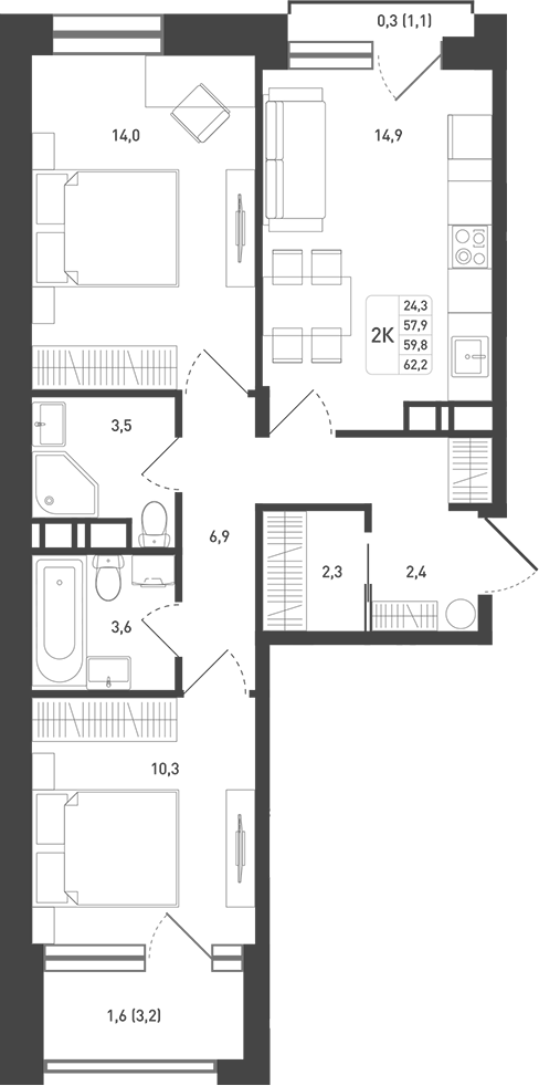 Планировка — Новая Щербинка, 2-комн., 61 м²