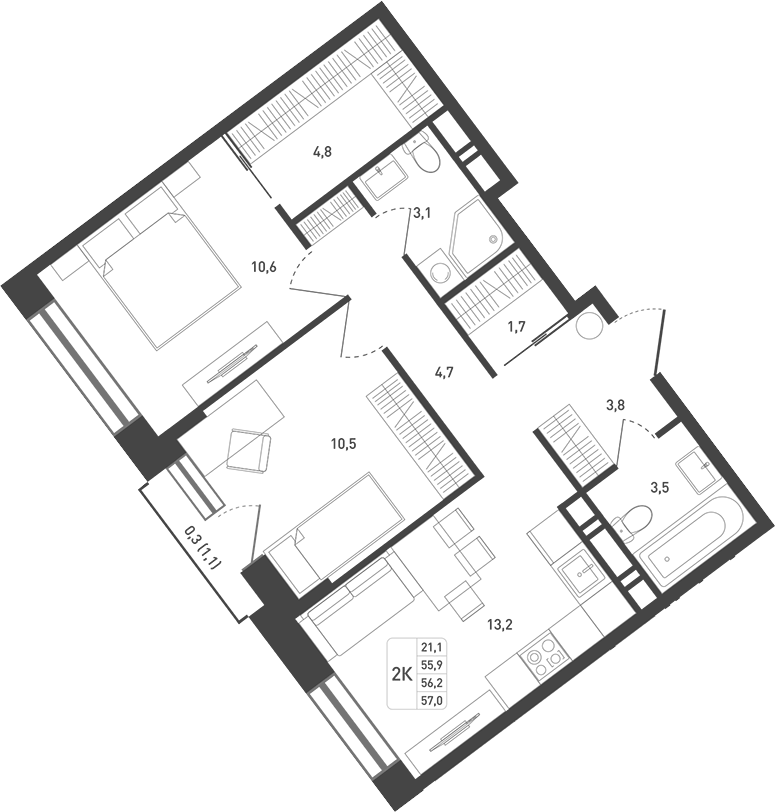 Планировка — Новая Щербинка, 2-комн., 59 м²