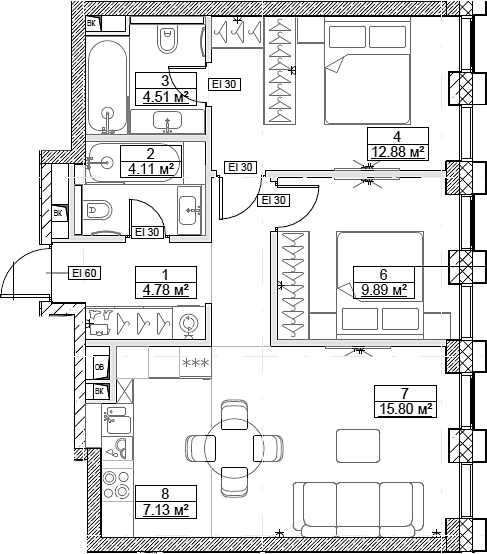 Планировка — Сити Бэй, 3-комн., 62 м²