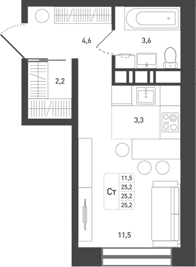 Планировка — Новая Щербинка, Студия, 27 м²