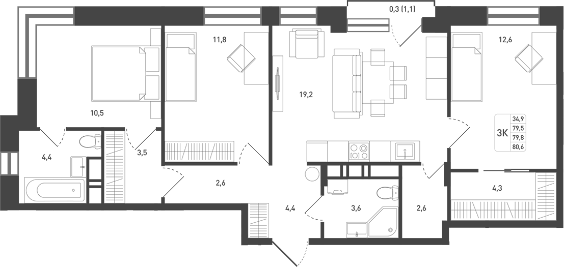 Планировка — Новая Щербинка, 3-комн., 84 м²