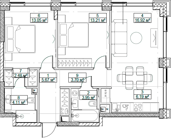 Планировка — Сити Бэй, 3-комн., 69 м²