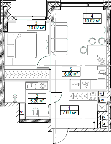 Планировка — Сити Бэй, 2-комн., 39 м²