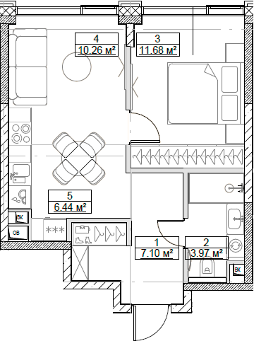 Планировка — Сити Бэй, 2-комн., 39 м²