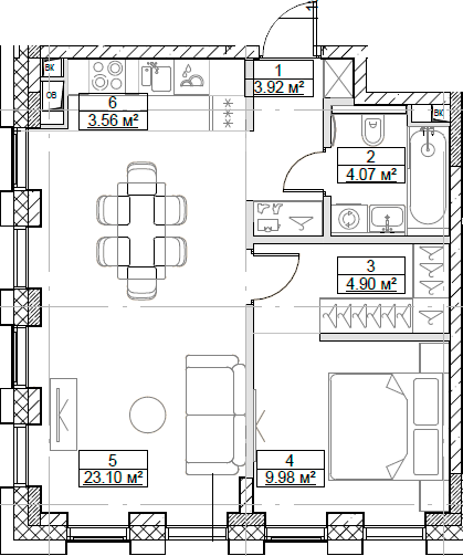 Планировка — Сити Бэй, 2-комн., 50 м²