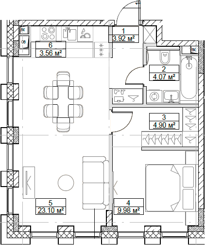 Планировка — Сити Бэй, 2-комн., 50 м²