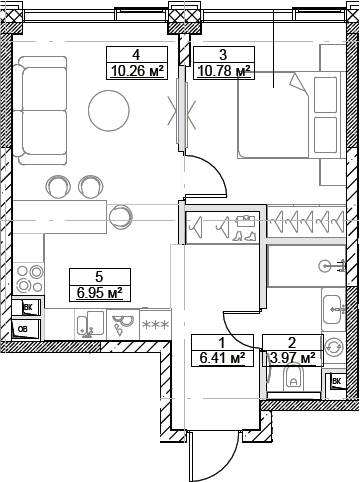 Планировка — Сити Бэй, 2-комн., 38 м²