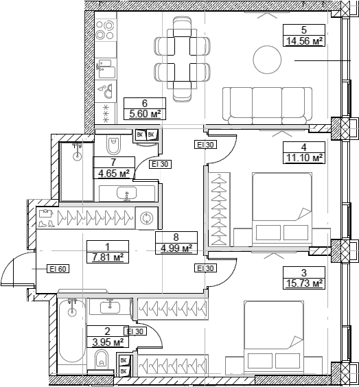 Планировка — Сити Бэй, 3-комн., 68 м²