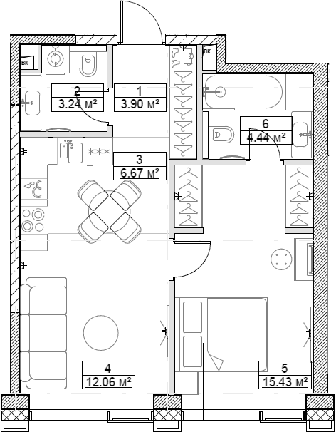 Планировка — Сити Бэй, 2-комн., 46 м²