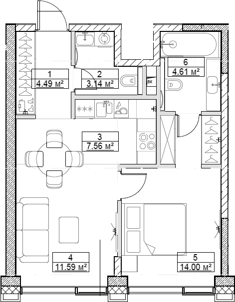 Планировка — Сити Бэй, 2-комн., 45 м²
