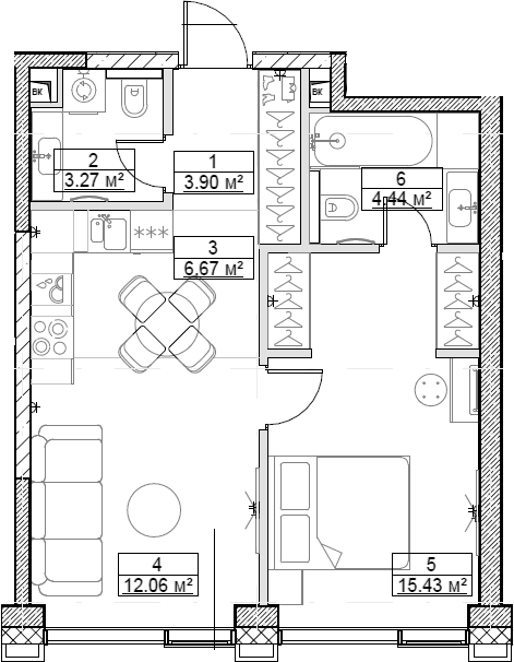 Планировка — Сити Бэй, 2-комн., 46 м²