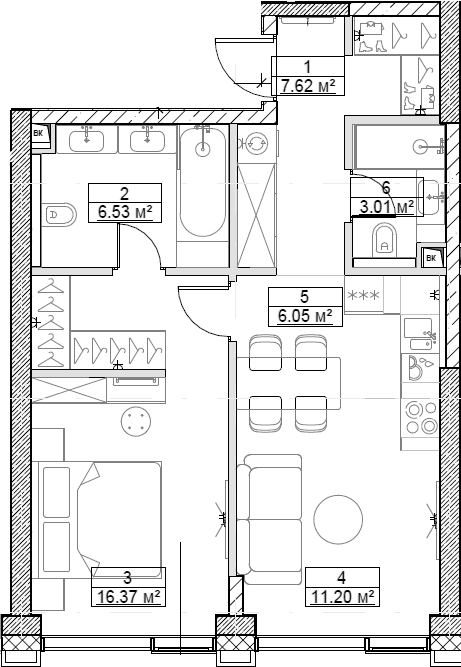 Планировка — Сити Бэй, 2-комн., 51 м²