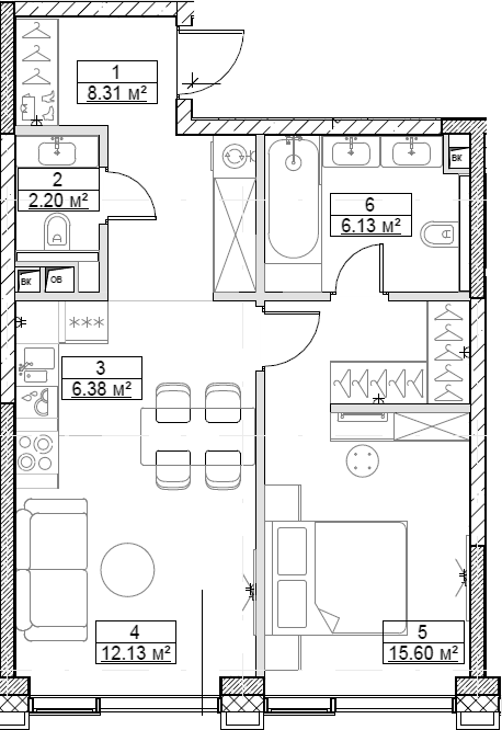 Планировка — Сити Бэй, 2-комн., 51 м²